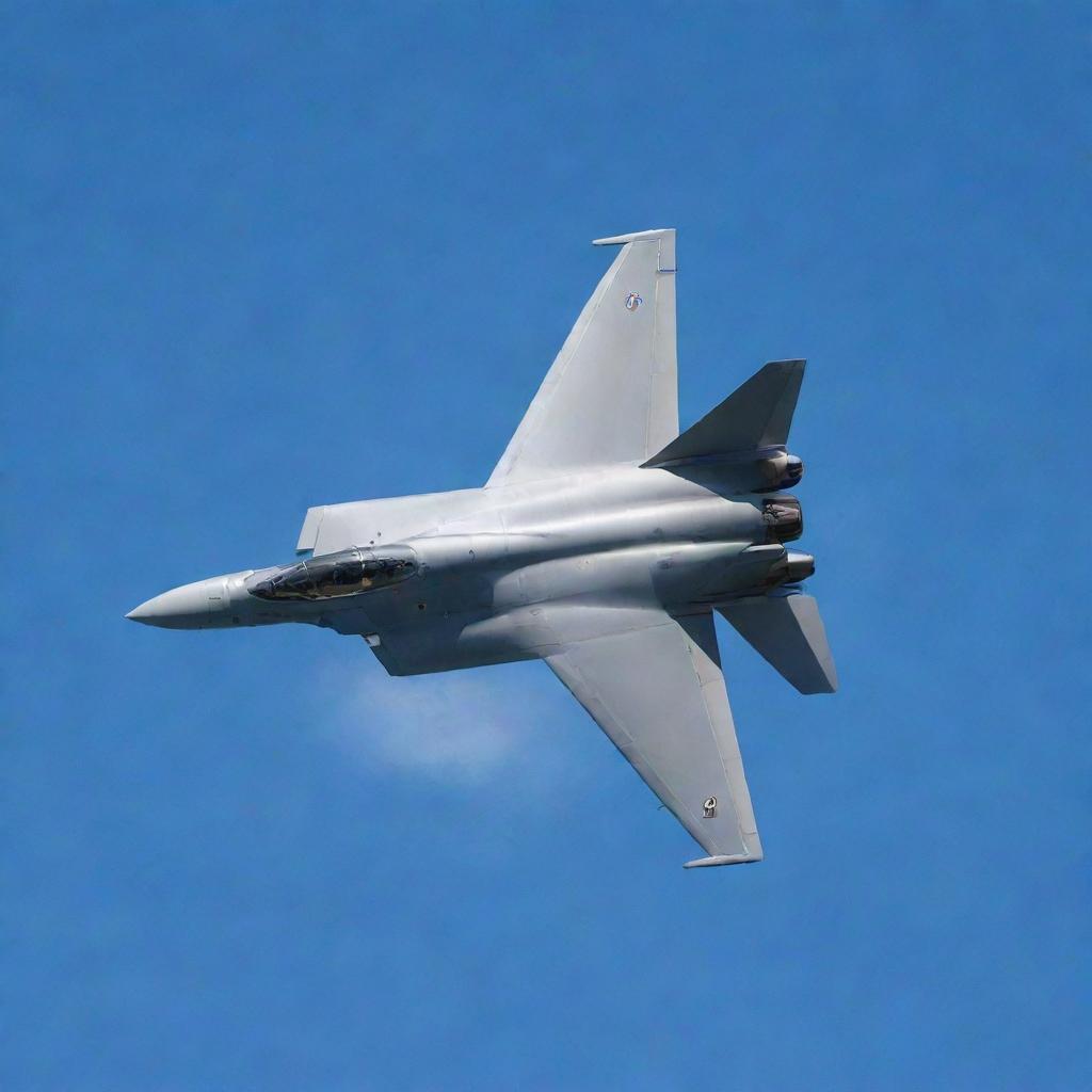 A sleek, modern fighter jet soaring against the backdrop of a clear blue sky