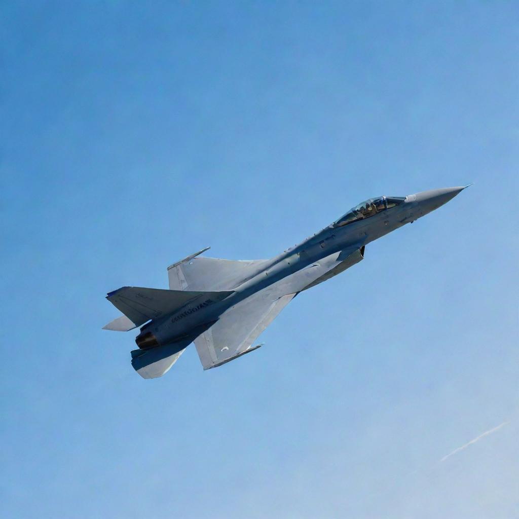 A sleek, modern fighter jet soaring against the backdrop of a clear blue sky