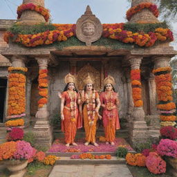 A touching scene of Lord Ram with Sita, Laxman, and Hanuman in the historic city of Ayodhya, filled with colorful decorations, greenery, and jubilant people.