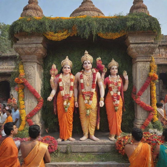 A touching scene of Lord Ram with Sita, Laxman, and Hanuman in the historic city of Ayodhya, filled with colorful decorations, greenery, and jubilant people.