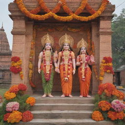 A touching scene of Lord Ram with Sita, Laxman, and Hanuman in the historic city of Ayodhya, filled with colorful decorations, greenery, and jubilant people.