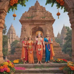 A touching scene of Lord Ram with Sita, Laxman, and Hanuman in the historic city of Ayodhya, filled with colorful decorations, greenery, and jubilant people.