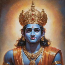 Radiant painting of Shree Ram, a significant deity in Hinduism, adorned in traditional attire with a peaceful expression against a backdrop of ethereal light.