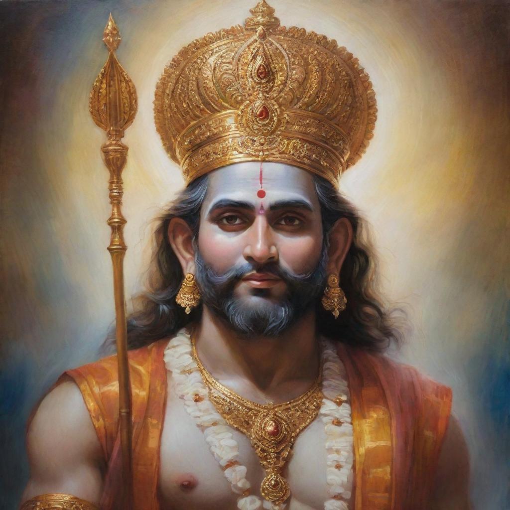 Radiant painting of Shree Ram, a significant deity in Hinduism, adorned in traditional attire with a peaceful expression against a backdrop of ethereal light.