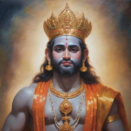 Radiant painting of Shree Ram, a significant deity in Hinduism, adorned in traditional attire with a peaceful expression against a backdrop of ethereal light.