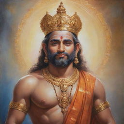 Radiant painting of Shree Ram, a significant deity in Hinduism, adorned in traditional attire with a peaceful expression against a backdrop of ethereal light.