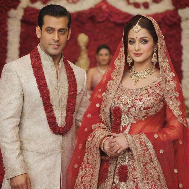 Bollywood actors Salman Khan and Aishwarya Rai Bachchan at their wedding. Salman in a traditional sherwani and Aishwarya in a red bridal sari, standing amidst beautifully decorated flowers.