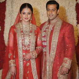 Bollywood actors Salman Khan and Aishwarya Rai Bachchan at their wedding. Salman in a traditional sherwani and Aishwarya in a red bridal sari, standing amidst beautifully decorated flowers.