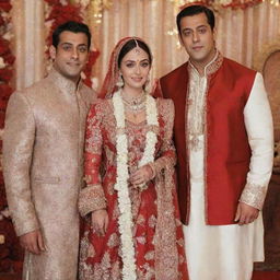 Bollywood actors Salman Khan and Aishwarya Rai Bachchan at their wedding. Salman in a traditional sherwani and Aishwarya in a red bridal sari, standing amidst beautifully decorated flowers.