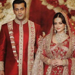 Bollywood actors Salman Khan and Aishwarya Rai Bachchan at their wedding. Salman in a traditional sherwani and Aishwarya in a red bridal sari, standing amidst beautifully decorated flowers.