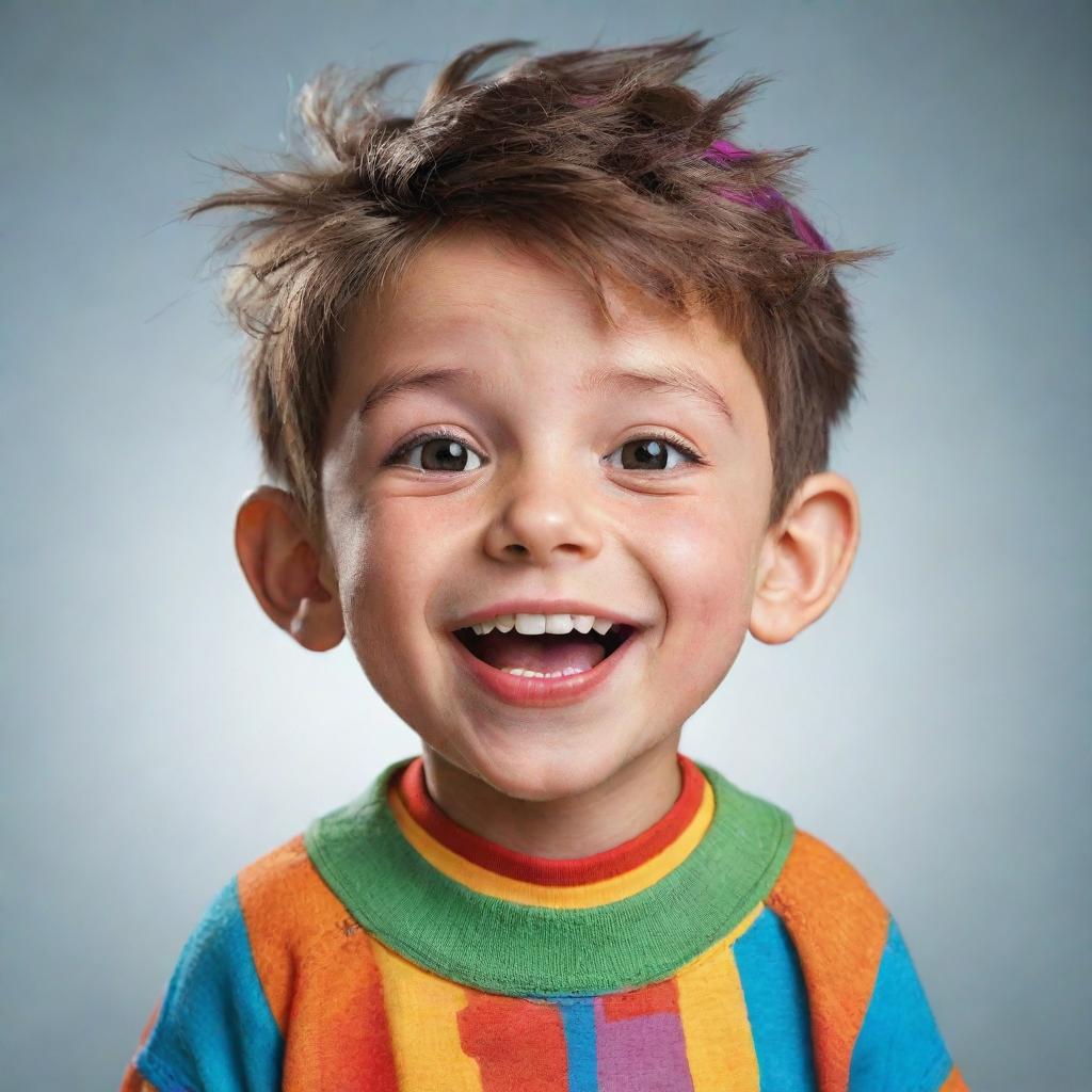 A humorous cartoon character: a boy with exaggerated expressions and colorful clothing