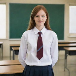 A high school girl with reddish brown hair, dressed in a school uniform, standing in a well-lit classroom environment.