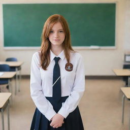 A high school girl with reddish brown hair, dressed in a school uniform, standing in a well-lit classroom environment.