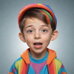 A humorous cartoon character: a boy with exaggerated expressions and colorful clothing