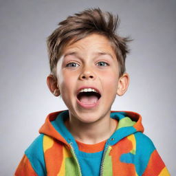 A humorous cartoon character: a boy with exaggerated expressions and colorful clothing