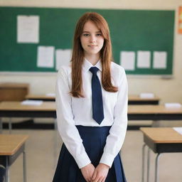 A high school girl with reddish brown hair, dressed in a school uniform, standing in a well-lit classroom environment.