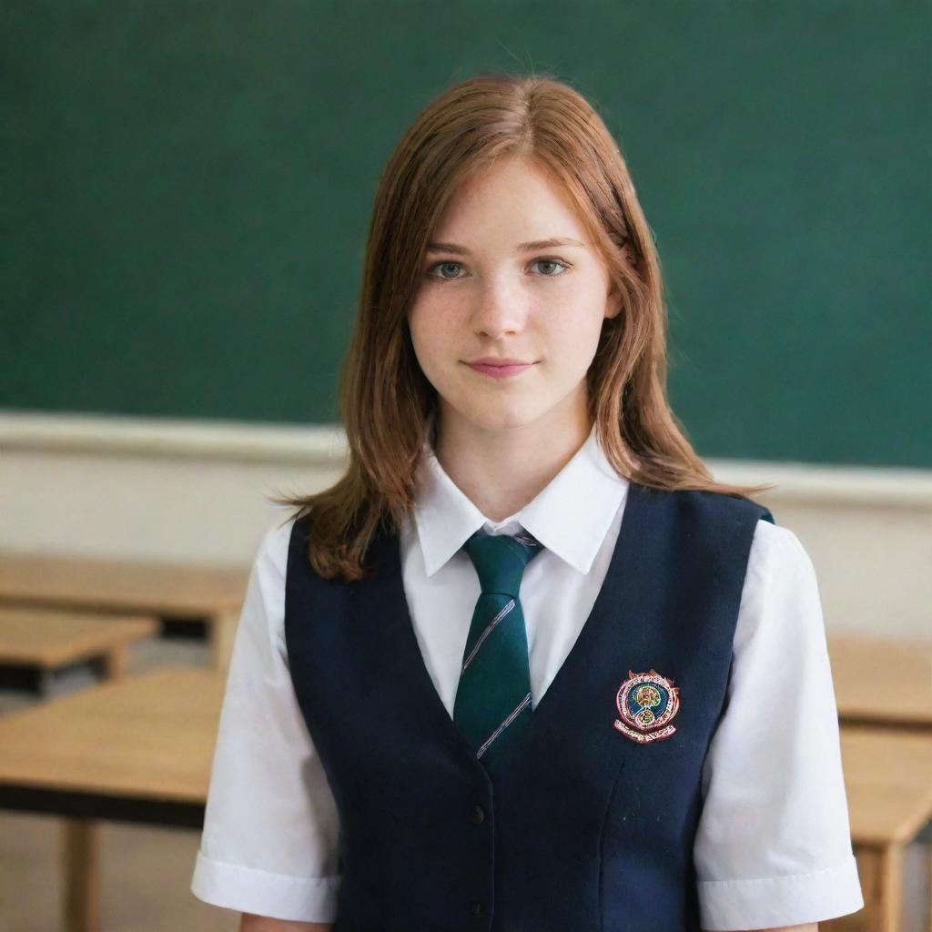 A high school girl with reddish brown hair, dressed in a school uniform, standing in a well-lit classroom environment.