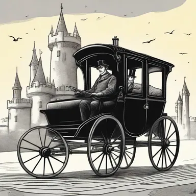 In the fantasy novel, the protagonist rides in a hansom cab to a mysterious castle.