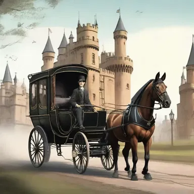In the fantasy novel, the protagonist rides in a hansom cab to a mysterious castle.