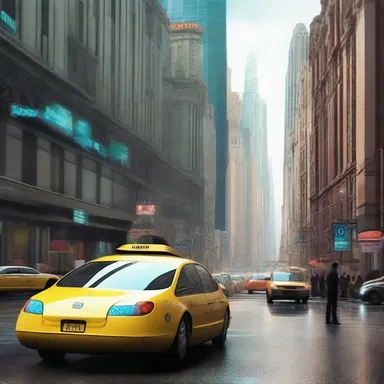 In the science fiction story, the futuristic city is filled with automated hansom cabs.