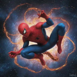 A small, charming depiction of Spiderman, now infused with cosmic powers that radiate from him, space elements subtly swirling around.