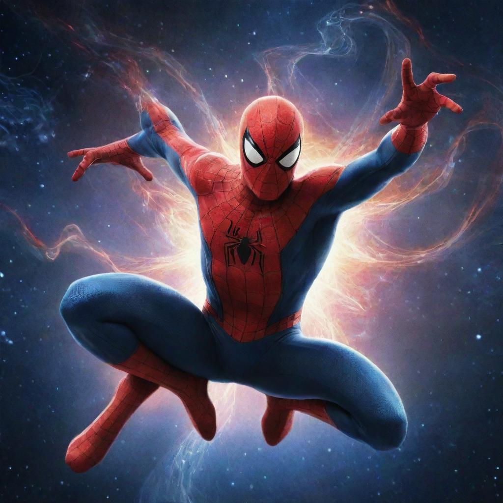 A small, charming depiction of Spiderman, now infused with cosmic powers that radiate from him, space elements subtly swirling around.