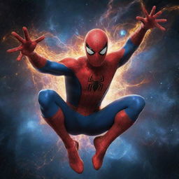 A small, charming depiction of Spiderman, now infused with cosmic powers that radiate from him, space elements subtly swirling around.