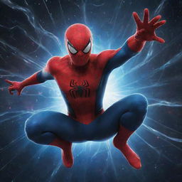 A small, charming depiction of Spiderman, now infused with cosmic powers that radiate from him, space elements subtly swirling around.