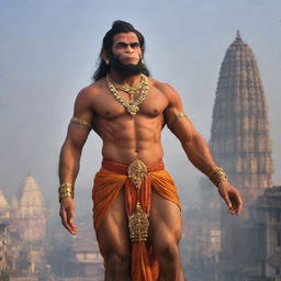 An evocative image of Lord Hanuman standing firmly in the historical city of Ayodhya, his divine aura contrasting with the vibrancy of the city.