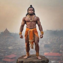 An evocative image of Lord Hanuman standing firmly in the historical city of Ayodhya, his divine aura contrasting with the vibrancy of the city.