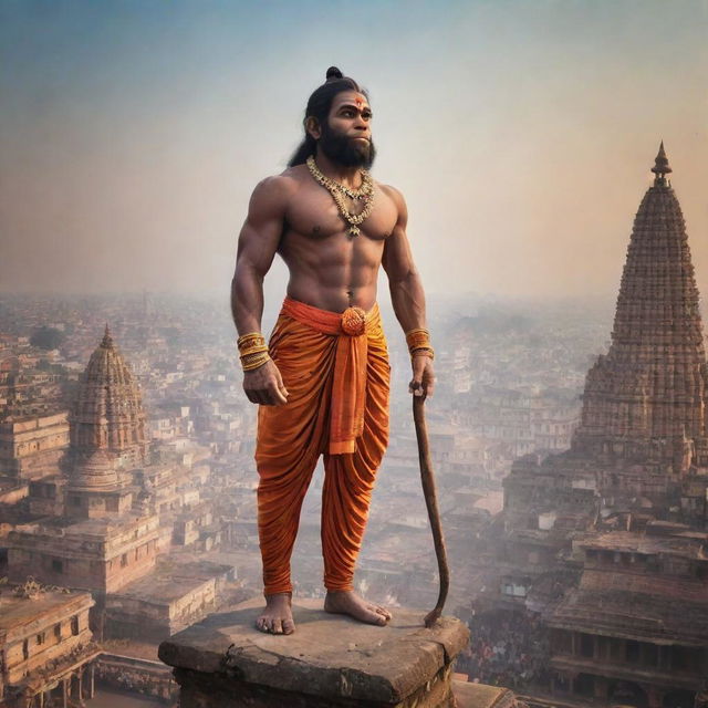 An evocative image of Lord Hanuman standing firmly in the historical city of Ayodhya, his divine aura contrasting with the vibrancy of the city.