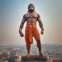 An evocative image of Lord Hanuman standing firmly in the historical city of Ayodhya, his divine aura contrasting with the vibrancy of the city.