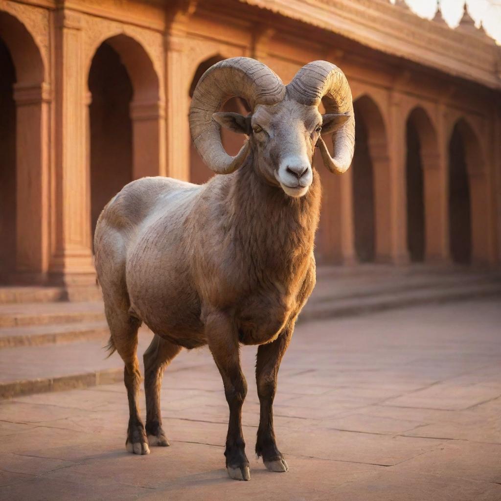 A majestic ram peacefully standing in the courtyard of a beautifully ornate Ram Mandir, bathed in the golden glow of the setting sun.