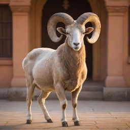 A majestic ram peacefully standing in the courtyard of a beautifully ornate Ram Mandir, bathed in the golden glow of the setting sun.