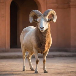 A majestic ram peacefully standing in the courtyard of a beautifully ornate Ram Mandir, bathed in the golden glow of the setting sun.