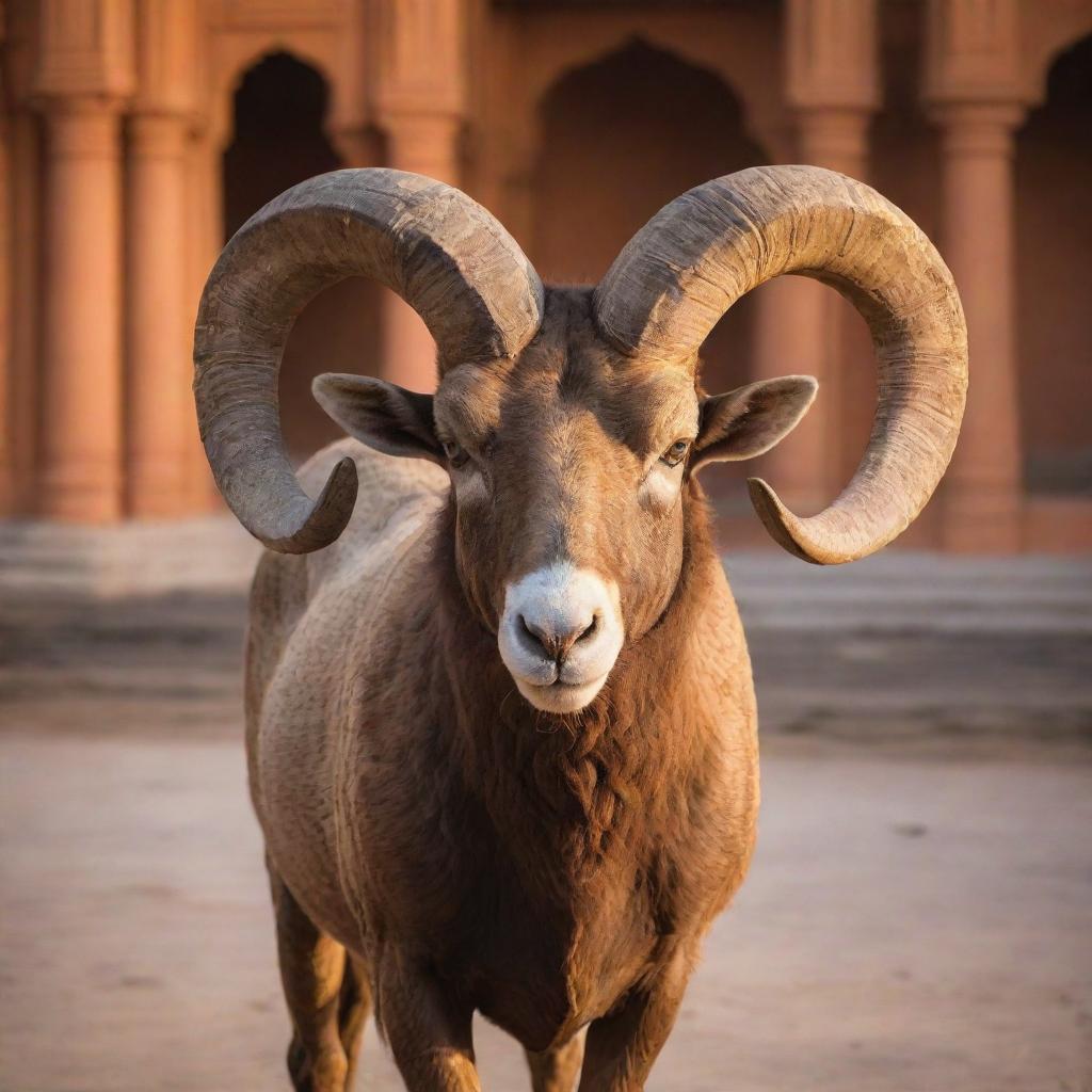 A majestic ram peacefully standing in the courtyard of a beautifully ornate Ram Mandir, bathed in the golden glow of the setting sun.