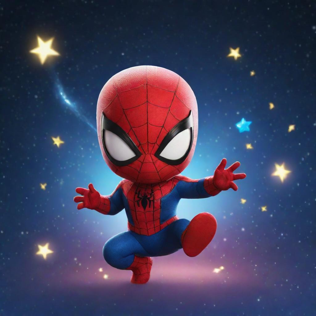 A tiny, adorable version of Spiderman absolutely imbued with cosmic energy, surrounded by a more intense display of swirling galaxies and shooting stars.