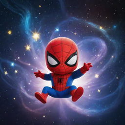 A tiny, adorable version of Spiderman absolutely imbued with cosmic energy, surrounded by a more intense display of swirling galaxies and shooting stars.