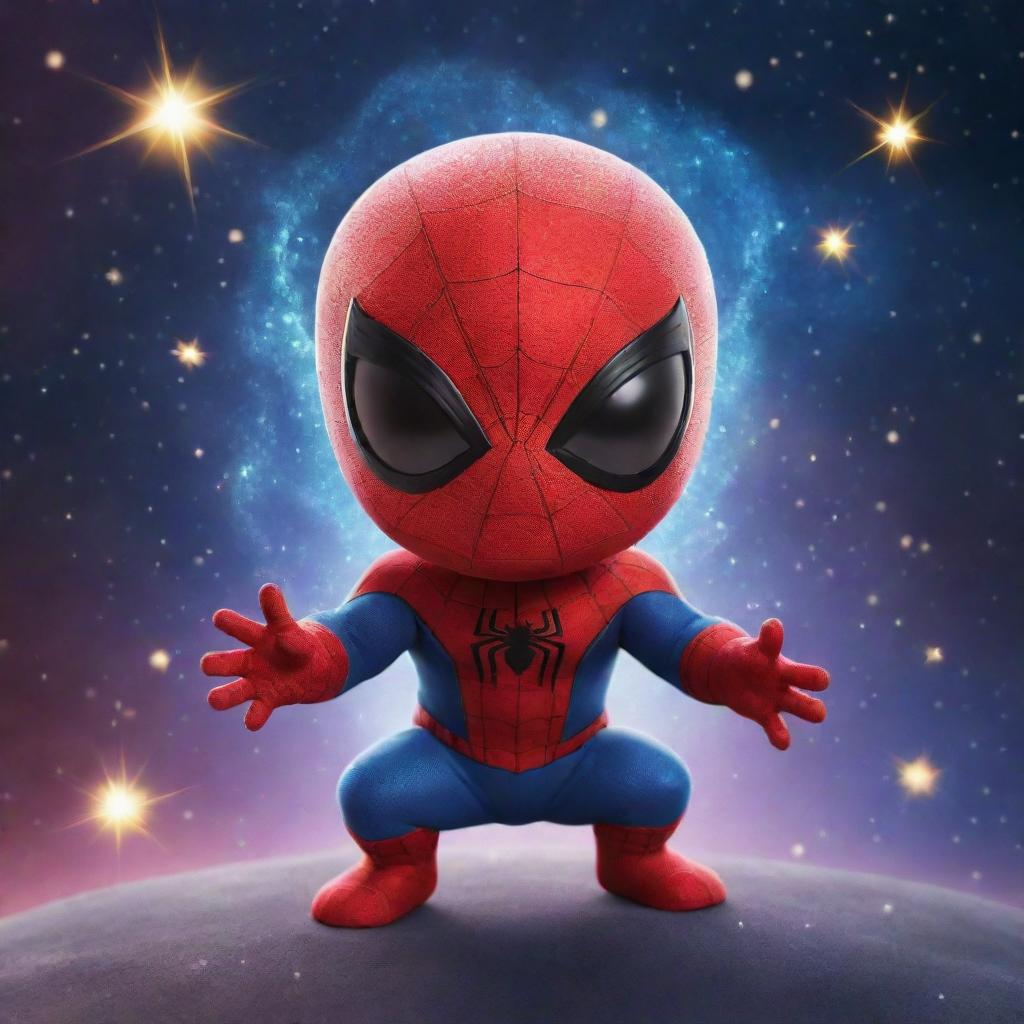 A tiny, adorable version of Spiderman absolutely imbued with cosmic energy, surrounded by a more intense display of swirling galaxies and shooting stars.