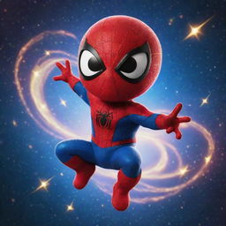 A tiny, adorable version of Spiderman absolutely imbued with cosmic energy, surrounded by a more intense display of swirling galaxies and shooting stars.