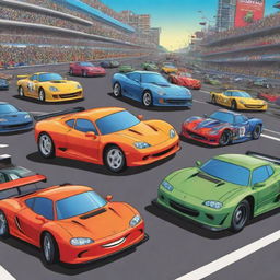 A vibrant, action-packed cartoon scene featuring vehicles that are not typically seen as racing cars.