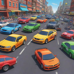 A vibrant, action-packed cartoon scene featuring vehicles that are not typically seen as racing cars.