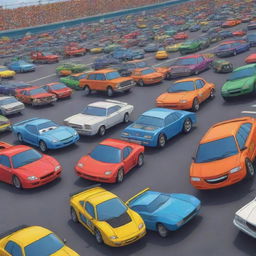 A vibrant, action-packed cartoon scene featuring vehicles that are not typically seen as racing cars.