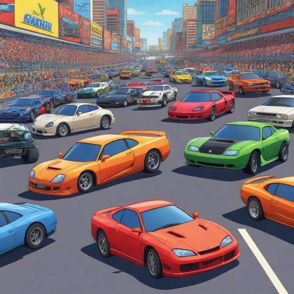 A vibrant, action-packed cartoon scene featuring vehicles that are not typically seen as racing cars.