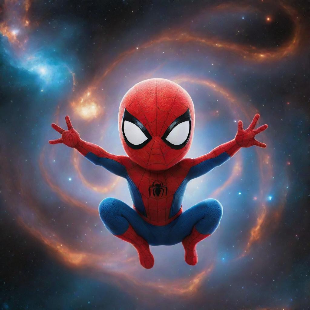 An absolutely cosmic, adorable tiny Spiderman, surrounded by a super intense swirl of galaxies, nebulae and cosmic energy, enhancing its visual impact a 10000 times over.