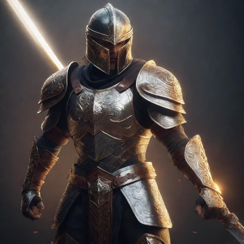 A stylized illustration of the user as a brave and powerful fighter, clad in intricate armor with a gleaming sword in hand, posing confidently on a dimly lit battleground.