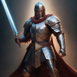 A stylized illustration of the user as a brave and powerful fighter, clad in intricate armor with a gleaming sword in hand, posing confidently on a dimly lit battleground.