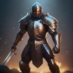 A stylized illustration of the user as a brave and powerful fighter, clad in intricate armor with a gleaming sword in hand, posing confidently on a dimly lit battleground.