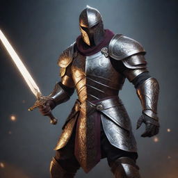 A stylized illustration of the user as a brave and powerful fighter, clad in intricate armor with a gleaming sword in hand, posing confidently on a dimly lit battleground.