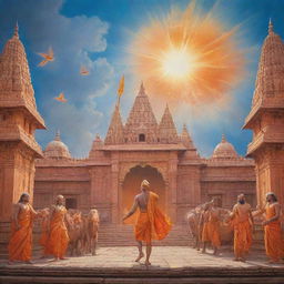 A divine and celestial depiction of Lord Rama entering the Ram Mandir in Ayodhya under a radiant sky. The architecture of the temple is ancient and splendid, emitting a holy aura.